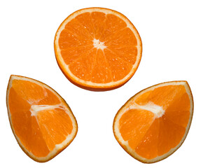 Close-up of orange cut into three parts on transparent background.