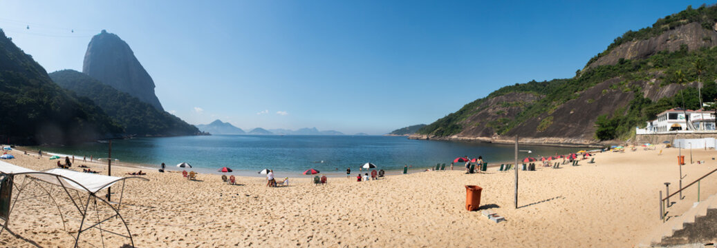 Rio de Janeiro, Brazil: panoramic view of Praia Vermelha beach (Red Beach), the beach at the foot of the Sugar Loaf (Pao de Acucar) in the wealthy residential neighborhood of Urca
