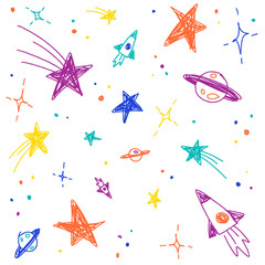 Cute Confetti Star Galaxy Space Night Sky Meteor Shooting Star Planet Saturn Rocket. Sprinkle Sparkle Shine. Doodle Scribble Sketch Brush Pen Ink. Abstract Color Seamless Pattern White Background.
