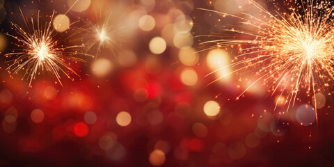 Fototapeta premium Abstract background new year, Red and gold fireworks and bokeh celebrating holiday, copy space, generative ai
