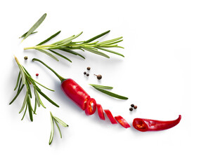 Fresh herb rosemary and red chilli pepper isolated on white background. Transparent background and natural transparent shadow; Ingredient, spice for cooking. collection for design - 636387899