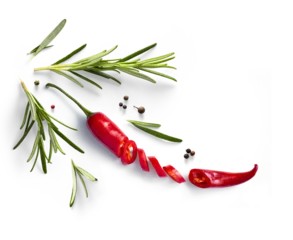 Crédence en verre imprimé Piments forts Fresh herb rosemary and red chilli pepper isolated on white background. Transparent background and natural transparent shadow  Ingredient, spice for cooking. collection for design