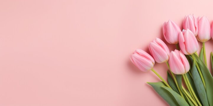 Top view tulip flowers on pink blank paper background, Copy space, generative ai. Mother's Day Concept. Feminine concept, generative ai