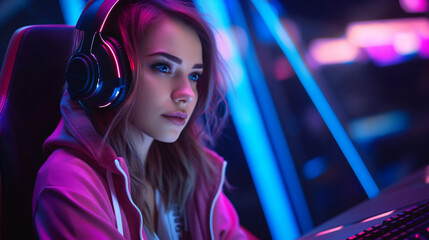 Photorealistic professional gamer girl with headset play online multiplayer video game on PC