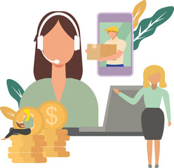 Vector Illustration about female call center clerk serving customers online, the background of online delivery coming out of the mobile phone, woman sitting on a pile of dollar coins reading book.