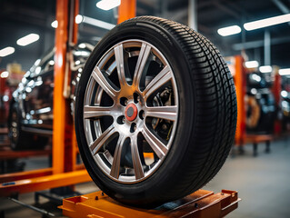 Assorted tires at auto repair shops, vehicle spare components, rotating tires based on seasons, automobile upkeep, and servicing facilities. Tools for fixing and replacing tires.