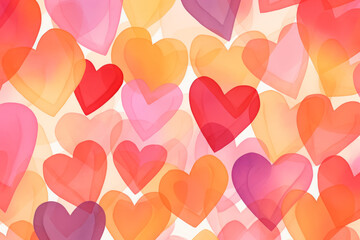 Heart Valentine Background in hand-drawn style, colorful red and pink hearts. Generative AI.