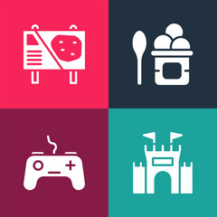 Set pop art Castle, Gamepad, Ice cream in bowl and Amusement park billboard icon. Vector