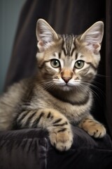 Tabby Cat Posed on Modern Sofa - Domestic Feline Pet with Cute Expression and Soft Fur: Generative AI