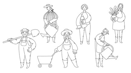 Gardeners. Different people who love gardening. Vector outline illustration