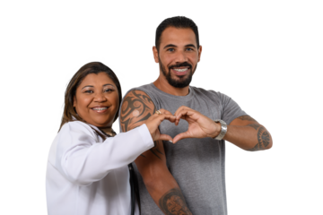 a health worker after vaccinating a man, makes a heart with his hands, looks at the camera and smiles, white background