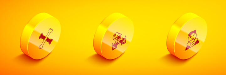 Set Isometric Crossed bones, Castle, fortress and Vampire icon. Vector