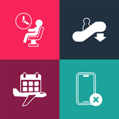 Set pop art No cell phone, Calendar and airplane, Escalator down and Human waiting in airport terminal icon. Vector