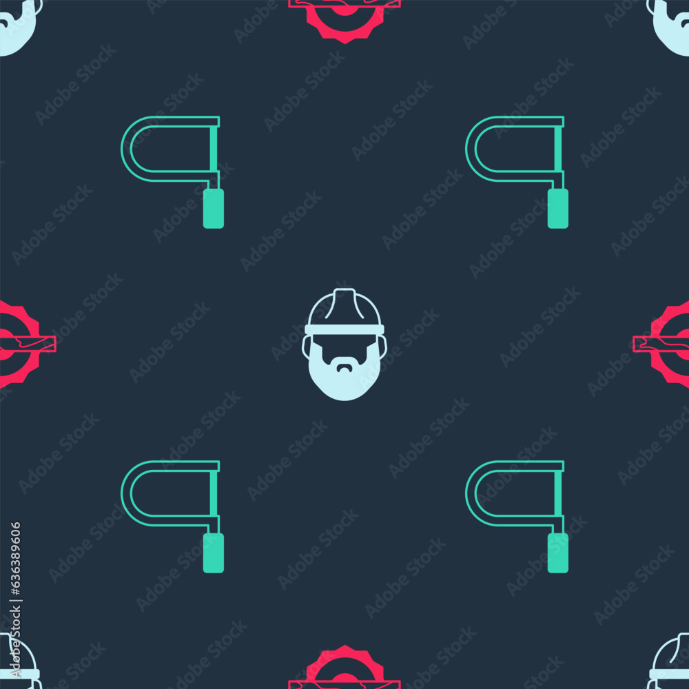 Poster set electric circular saw, lumberjack and hacksaw on seamless pattern. vector