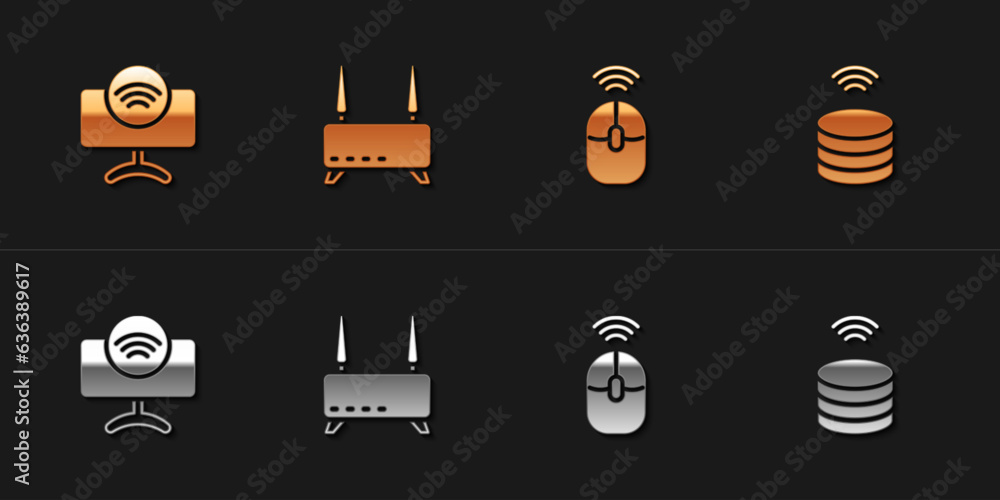 Poster set smart tv system, router and wi-fi signal, wireless computer mouse and data server icon. vector