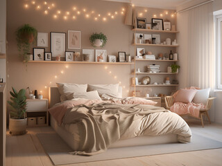 Chic beige bedroom interior with bright accents. AI Generated.