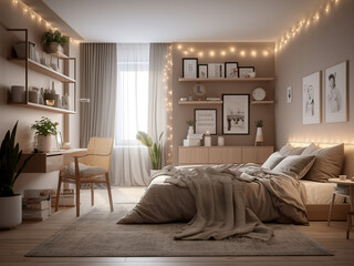 Beige bedroom interior with a modern design. AI Generated.