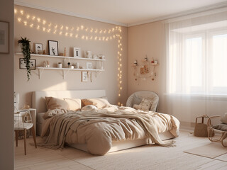 Tranquil beige bedroom interior, well-furnished. AI Generated.