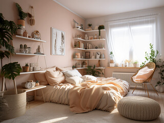 Minimalist beige bedroom interior with bright hues. AI Generated.
