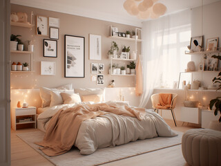 Furniture-centric beige bedroom interior, thoughtfully designed. AI Generated.