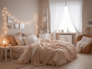 Contemporary beige bedroom interior, well-furnished. AI Generated.