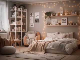 Elegant beige bedroom interior, balanced furniture layout. AI Generated.