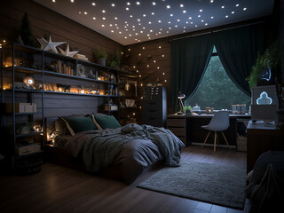 Modern dark wood bedroom interior, skillfully designed. AI Generated.