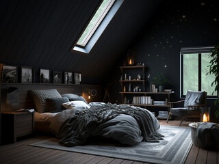 Furniture-rich dark wood bedroom interior, warmly lit. AI Generated.