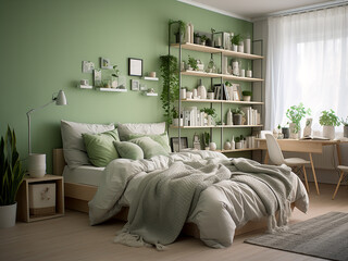 Refreshing green bedroom interior, creatively designed. AI Generated.