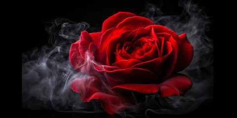 Fototapeta premium Mysterious swirling smoke gently embracing a vibrant red rose, creating an atmosphere of elegance and passion. Perfect for visually stunning campaigns.