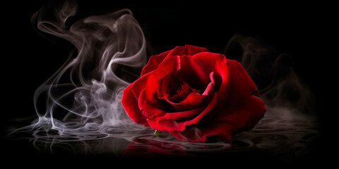Enthralling red rose wrapped in delicate smoke swirls, hinting at passion and mystery. Subtle lighting enhances stunning visual charm without faces present.