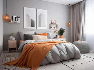Furniture-rich grey bedroom interior, softly lit. AI Generated.