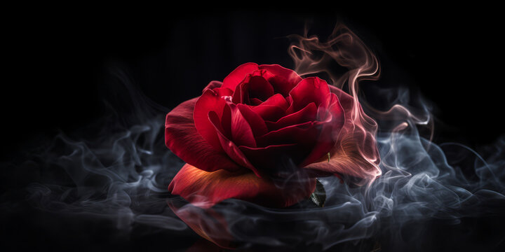Seductive red rose cloaked in a swirl of mysterious smoke, exuding passion and elegance. Ideal for eye-catching campaigns seeking sophistication.