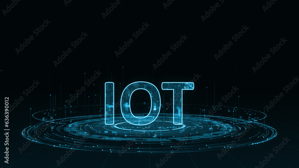 Poster blue digital iot logo with particle ring circle rotation with ai technology icon on futuristic abstr