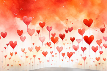 Heart Valentine Background in hand-drawn style, colorful red and pink hearts. Generative AI.