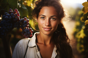 female winemaker in a vineyard with grapes 