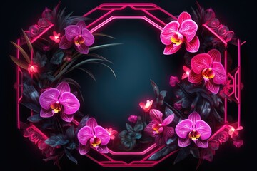 A neon octagon, glowing intensely with a cold luminescence, showcases a display of exquisite orchids, all crafted in the neon-noir art style