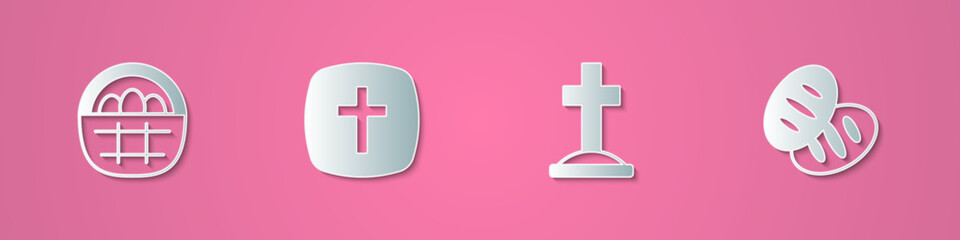 Obraz premium Set paper cut Basket with easter eggs, Christian cross, Grave and bread icon. Paper art style. Vector