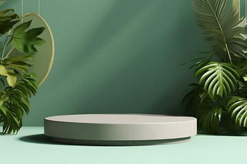 Modern Minimalist Podium in Green Garden. 3D Illustration for Stage Design ai generated