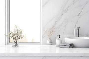 Mockup space for montage product on white marble tabletop with white luxury bathroom interior ai generated