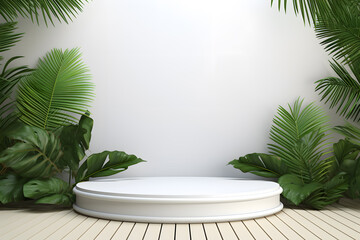 podium wooden space platform palm color leaf up design mock ai generated