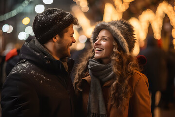 Young couple enjoying a night market in winter