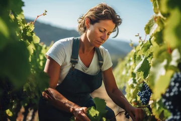 Rucksack mature woman working in the vineyard with grapes © Karat