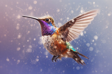 Fototapeta premium Colorful hummingbird with sparkles and a blurry background