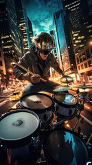 Fototapeta na wymiar The drummer plays drums in the night city