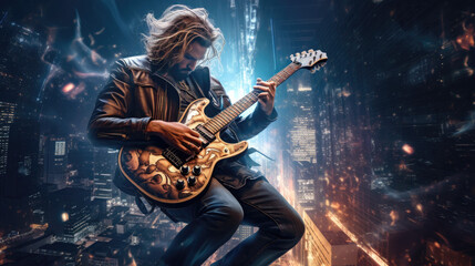 Rockstar guitarist plays guitar in the city landscape.