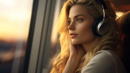 Beautiful woman with headphones during travel at summer time - obrazy, fototapety, plakaty