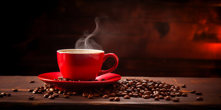 Inviting scene with hot, steaming coffee in eye-catching red cup ensconced amidst aromatic beans on a wooden table. Excellent for everyday consumer marketing campaigns.