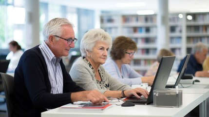 60-70 year older individuals working on computer. Older individuals navigate technology, expressions of concentration, curiosity. Copy space