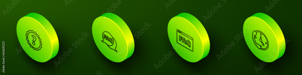 Poster set isometric line question mark, speech bubble with faq, browser and telephone 24 hours support ico